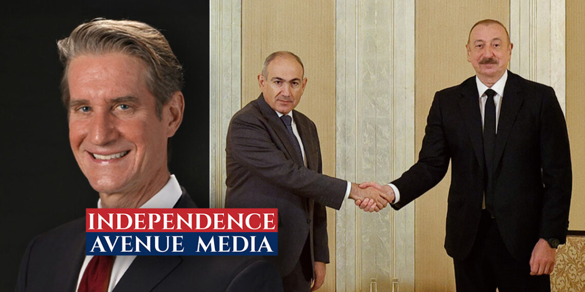 Photo collage featuring former U.S. Ambassador to Azerbaijan Matthew Bryza and Armenian Prime Minister Nikol Pashinyan and Azerbaijani President Ilham Aliyev shaking hands during bilateral meeting in Abu Dhabi, UAE.