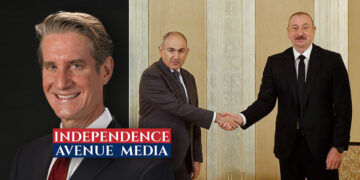 Photo collage featuring former U.S. Ambassador to Azerbaijan Matthew Bryza and Armenian Prime Minister Nikol Pashinyan and Azerbaijani President Ilham Aliyev shaking hands during bilateral meeting in Abu Dhabi, UAE.