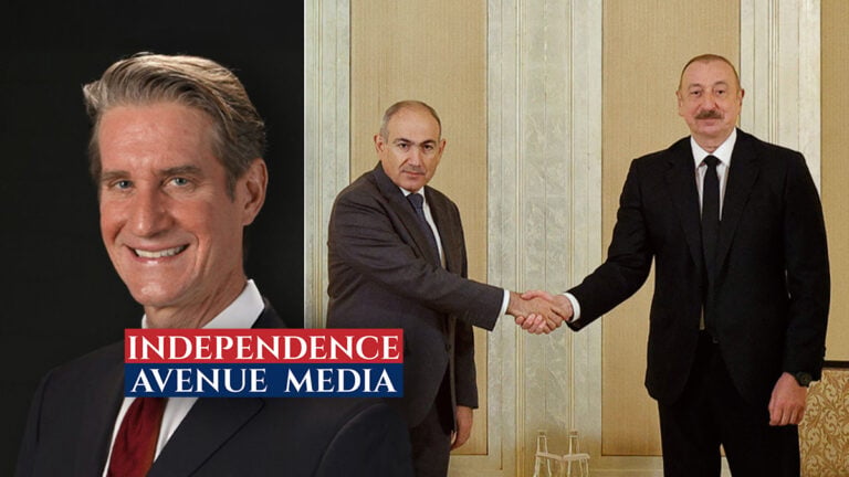 Photo collage featuring former U.S. Ambassador to Azerbaijan Matthew Bryza and Armenian Prime Minister Nikol Pashinyan and Azerbaijani President Ilham Aliyev shaking hands during bilateral meeting in Abu Dhabi, UAE.