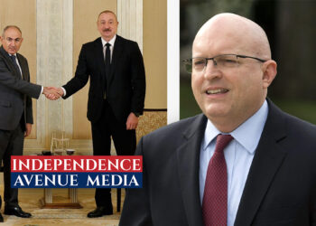 Photo collage featuring Former U.S. Ambassador Philip Reeker with President Aliyev and Prime Minister Pashinyan in the background.