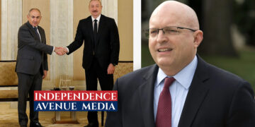 Photo collage featuring Former U.S. Ambassador Philip Reeker with President Aliyev and Prime Minister Pashinyan in the background.