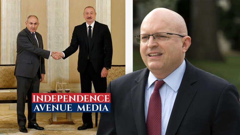 Photo collage featuring Former U.S. Ambassador Philip Reeker with President Aliyev and Prime Minister Pashinyan in the background.