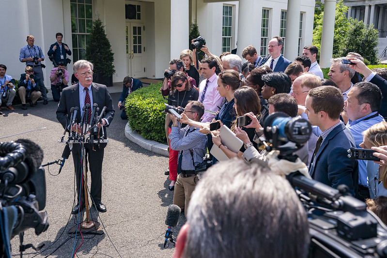 Archive photo: Then-White House National Security Adviser Ambassador John Bolton speaks to reporters about events in Venezuela, Tuesday, April 30, 2019, outside the West Wing entrance of the White House. (Official White House Photo by Tia Dufour)
