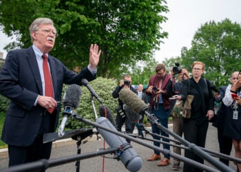 Archive photo: Then–White House National Security Adviser John Bolton talks to reporters outside the West Wing of the White House, May 1, 2019. (Official White House Photo by Tia Dufour)