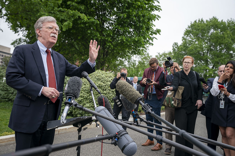 Archive photo: Then–White House National Security Adviser John Bolton talks to reporters outside the West Wing of the White House, May 1, 2019. (Official White House Photo by Tia Dufour)