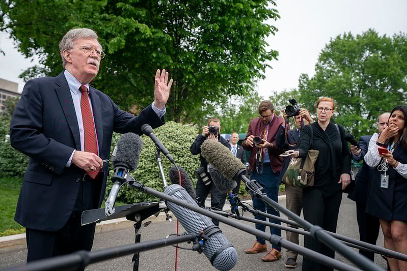Archive photo: Then–White House National Security Adviser John Bolton talks to reporters outside the West Wing of the White House, May 1, 2019. (Official White House Photo by Tia Dufour)