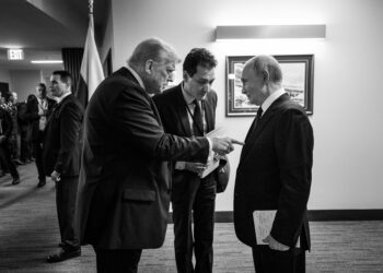 President Donald Trump and Russian president Vladimir Putin speak backstage before they participate in a joint press conference after their meeting at the Arctic Warrior Event Center at Joint Base Elmendorf Richardson in Anchorage, Alaska, Friday, August 15, 2025. (Official White House Photo by Daniel Torok)