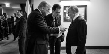 President Donald Trump and Russian president Vladimir Putin speak backstage before they participate in a joint press conference after their meeting at the Arctic Warrior Event Center at Joint Base Elmendorf Richardson in Anchorage, Alaska, Friday, August 15, 2025. (Official White House Photo by Daniel Torok)
