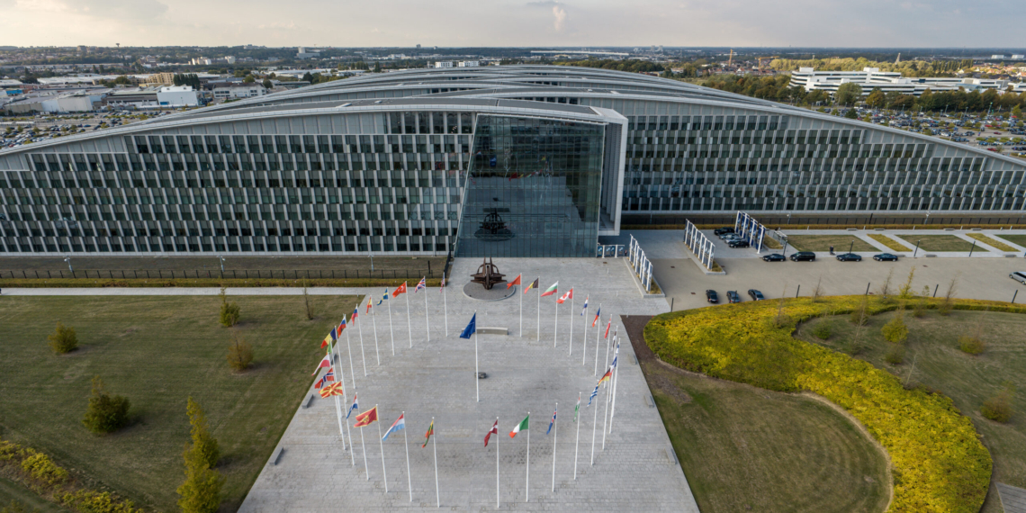 NATO headquarters in Brussels, Belgium, with the flags of the alliance’s member countries. (NATO)