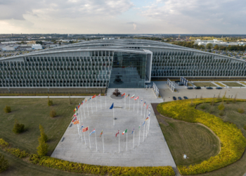 NATO headquarters in Brussels, Belgium, with the flags of the alliance’s member countries. (NATO)