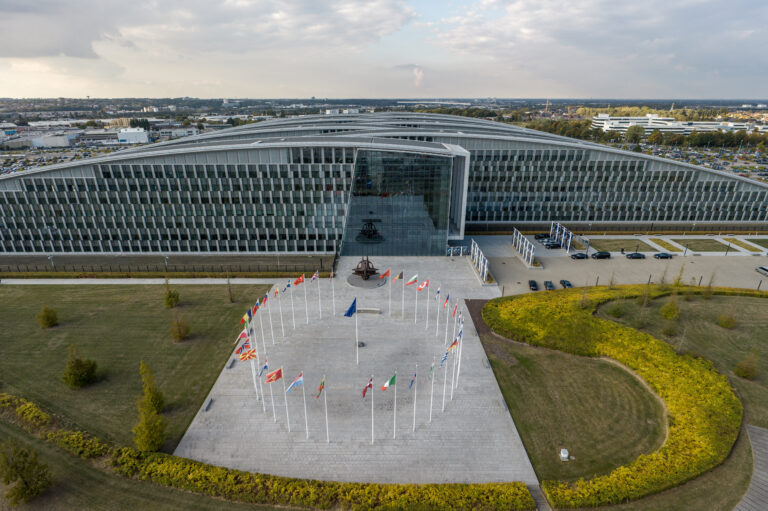 NATO headquarters in Brussels, Belgium, with the flags of the alliance’s member countries. (NATO)