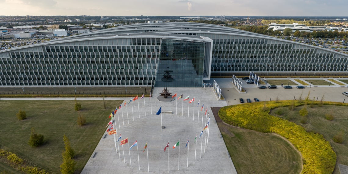 NATO headquarters in Brussels, Belgium, with the flags of the alliance’s member countries. (NATO)
