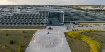 NATO headquarters in Brussels, Belgium, with the flags of the alliance’s member countries. (NATO)