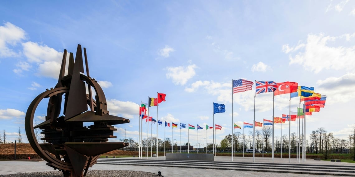 NATO headquarters in Brussels, with the flags of the 32 member states. Photo: NATO