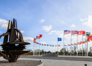 NATO headquarters in Brussels, with the flags of the 32 member states. Photo: NATO