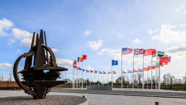 NATO headquarters in Brussels, with the flags of the 32 member states. Photo: NATO