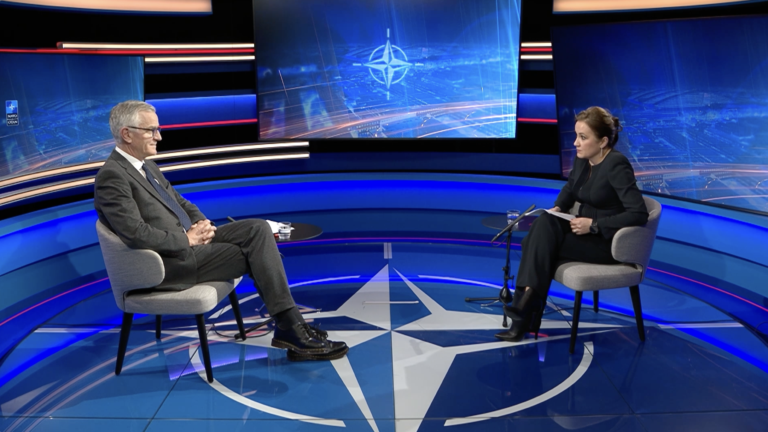 Piers Cazalet, NATO director for defense and security cooperation, speaks with Independence Avenue Media Editor-in-Chief Ia Meurmishvili at NATO Headquarters in Brussels, Feb. 3, 2026.