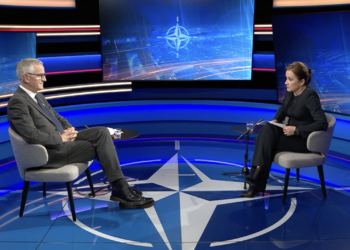 Piers Cazalet, NATO director for defense and security cooperation, speaks with Independence Avenue Media Editor-in-Chief Ia Meurmishvili at NATO Headquarters in Brussels, Feb. 3, 2026.