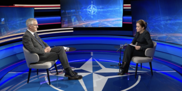 Piers Cazalet, NATO director for defense and security cooperation, speaks with Independence Avenue Media Editor-in-Chief Ia Meurmishvili at NATO Headquarters in Brussels, Feb. 3, 2026.