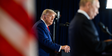 President Donald Trump and Russian president Vladimir Putin participate in a joint press conference after their meeting at the Arctic Warrior Event Center at Joint Base Elmendorf Richardson in Anchorage, Alaska, Friday, August 15, 2025. (Official White House Photo by Daniel Torok)