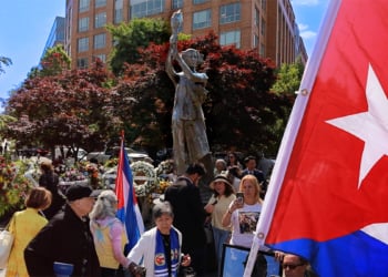 Participants gather at the Victims of Communism Memorial in Washington during the Roll Call of Nations ceremony, which honors victims of communist regimes worldwide.