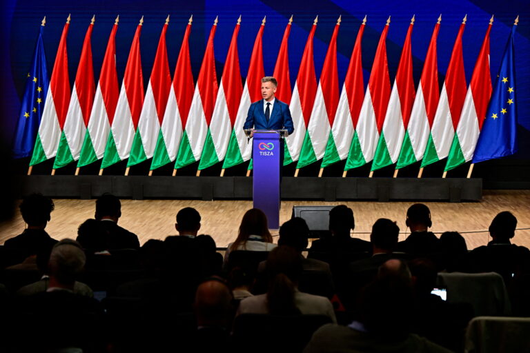 Peter Magyar, leader of the opposition Tisza Party, speaks during a press conference a day after the parliamentary election, in which Hungarian Prime Minister Viktor Orban conceded defeat, Budapest, Hungary, April 13, 2026. REUTERS/Marton Monus