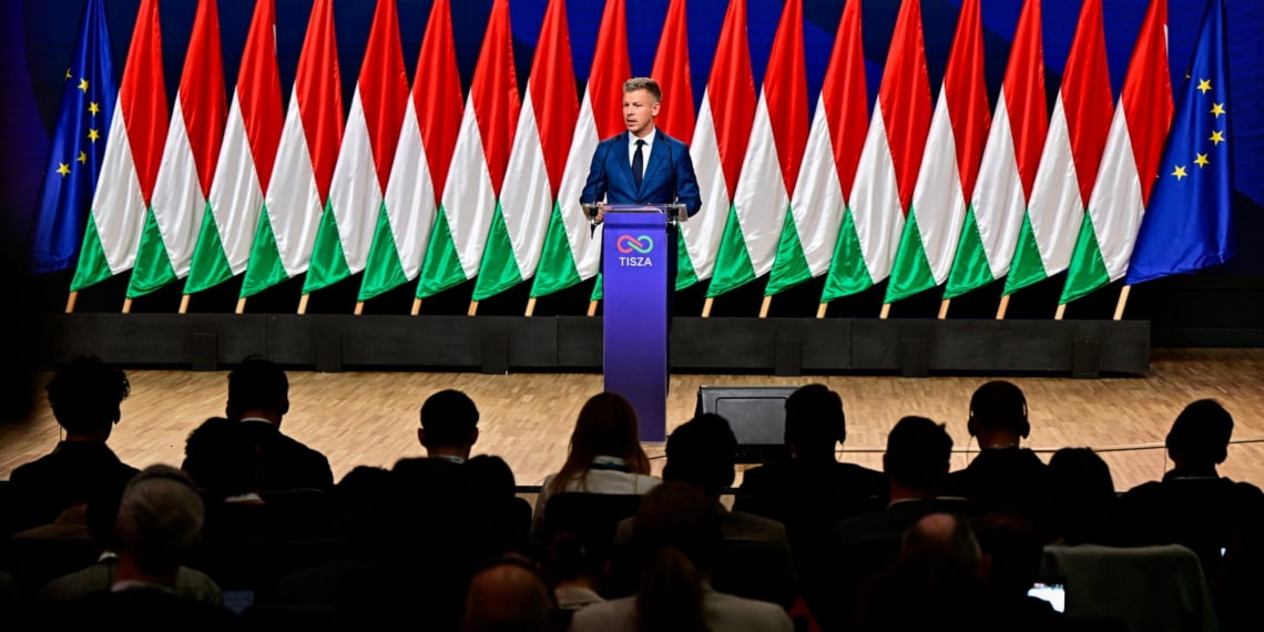 Peter Magyar, leader of the opposition Tisza Party, speaks during a press conference a day after the parliamentary election, in which Hungarian Prime Minister Viktor Orban conceded defeat, Budapest, Hungary, April 13, 2026. REUTERS/Marton Monus