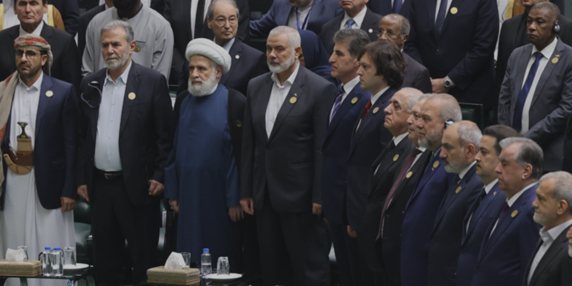 Iran Concerns Push Georgia Into U.S. National Security Debate 1 Iranian President Masoud Pezeshkian (second from left) attends his inauguration ceremony in Tehran in July 2024 alongside invited foreign guests. A photo published by the Georgian government shows Georgian Prime Minister Irakli Kobakhidze, Armenian Prime Minister Nikol Pashinyan and then-Hamas leader Ismail Haniyeh among those attending. Photo: gov.ge via RFE/RL.