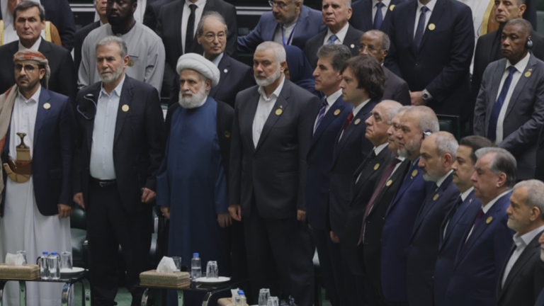 Iranian President Masoud Pezeshkian (second from left) attends his inauguration ceremony in Tehran in July 2024 alongside invited foreign guests. A photo published by the Georgian government shows Georgian Prime Minister Irakli Kobakhidze, Armenian Prime Minister Nikol Pashinyan and then-Hamas leader Ismail Haniyeh among those attending. Photo: gov.ge via RFE/RL.