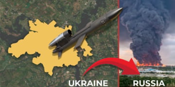 IAM graphic incorporating a Google Maps image, a Fire Point rocket photo, and an image of a strike in Russian territory shared by Ukrainian President Volodymyr Zelenskyy on X.
