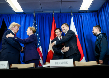 President Donald J. Trump participates in a trilateral signing ceremony with Prime Minister Mette Frederiksen of Denmark and Prime Minister Jans-Frederik Nielsen of Greenland, Tuesday, September 22, 2026, at United Nations Headquarters in New York City. (Official White House Photo by Daniel Torok)