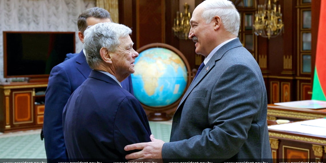Belarusian President Alexander Lukashenko and U.S. special envoy John Coale, December 12, 2025. Via Reuters